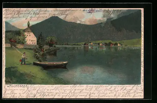 Künstler-AK Walchensee, Seepartie mit Fischer und Ruderboot
