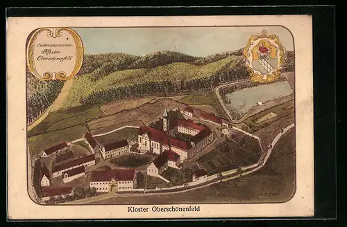 AK Oberschönenfeld, Kloster Oberschönenfeld aus der Vogelschau, Wappen