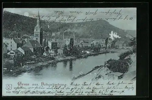 Mondschein-AK Hohenlimburg, Ortsansicht und Flusspartie aus der Vogelschau