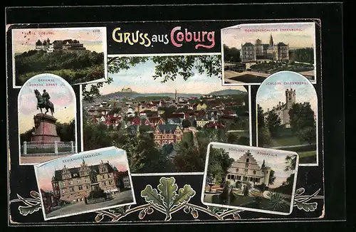 AK Coburg, Residenzschloss Ehrenburg, Schloss Rosenau, Veste Coburg, Regierungsgebäude und Ortsansicht