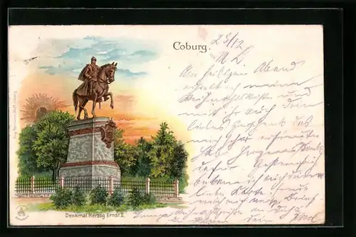 Lithographie Coburg, Denkmal Herzog Ernst II.