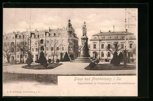 AK Frankenberg / Sa., Siegesdenkmal im Friedenspark und Humboldtstrasse