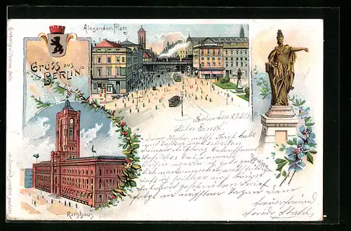 Lithographie Berlin, Alexanderplatz, Berolina und Rathaus, Wappen
