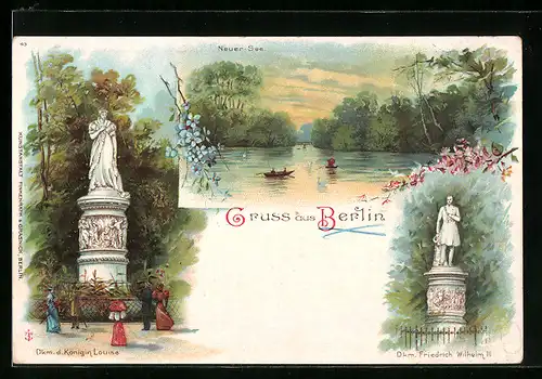 Lithographie Berlin, Tiergarten mit neuem See, Denkmal d. Königin Louise und Denkmal Friedrich Wilhelm III.
