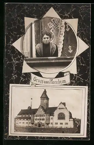AK Pforzheim, Ortspartie, Frau blickt aus einem Fenster