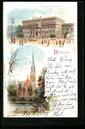 Lithographie Berlin, Kaiser Friedrich Palais, Kaiser Friedrich Gedächtniskirche