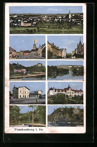 AK Frankenberg / Sa., Ortsansicht, Marktplatz, Schloss Sachsenburg, Zschopau und Harrasfelsen