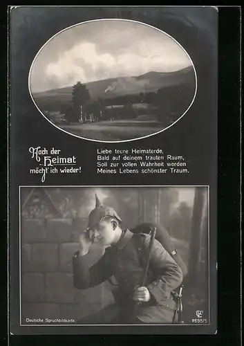 Foto-AK GL Co: Soldat mit Pickelhaube denkt an die Heimat