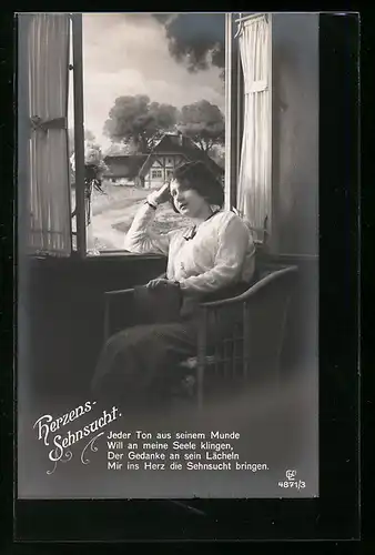 Foto-AK GL Co: Junge Frau sitzt am Fenster Herzens-Sehnsucht