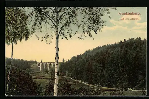 AK Frankenberg / Sa., Blick ins Lützeltal mit Bahn-Viadukt