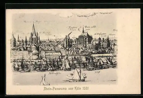 AK Köln, Rhein-Panorama von 1531