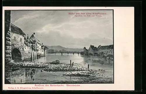 AK Schaffhausen, Ausfluss des Gerberbachs mit Rheinbrücke