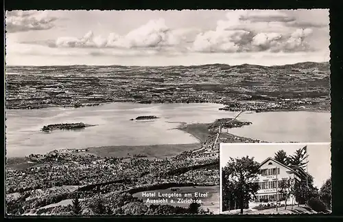 AK Pfäffikon, Hotel Luegeten am Etzel, Totale mit Zürichsee