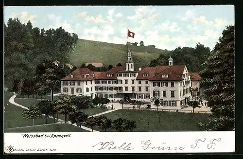 AK Weissbad, Gebäude mit Flagge