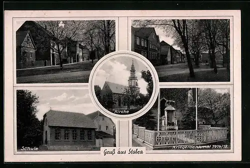 AK Stobra, Kirche, Schule, Kriegerdenkmal 1914 /18