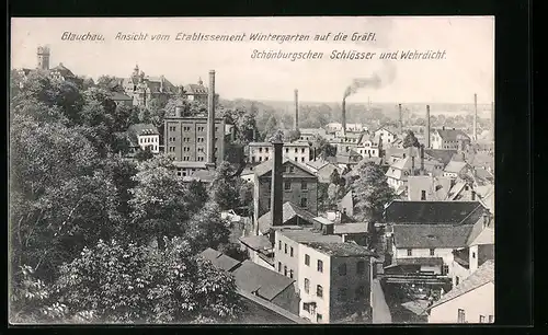 AK Glauchau i. Sa., Blick vom Wintergarten auf Gräfl. Schönburg'schen Schlösser und Wehrdicht