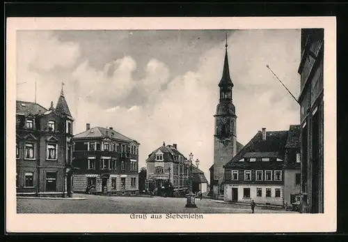 AK Siebenlehn, Platz mit Kirche und Haus Gambrinus