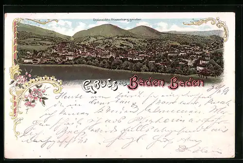 Lithographie Baden-Baden, Totale vom Friedenberg aus gesehen
