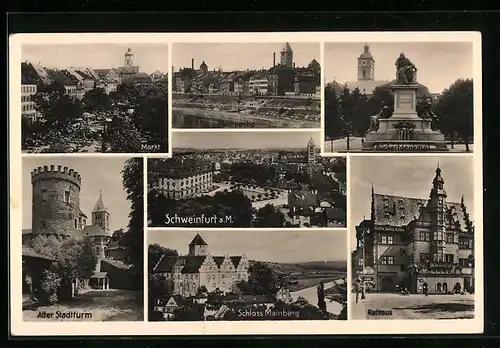 AK Schweinfurt a. M., Schloss Mainberg, Rathaus, Markt, Rückertdenkmal