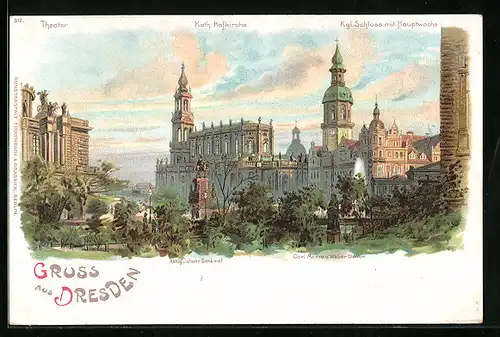 Lithographie Dresden, Kath. Hofkirche, Schloss mit Hauptwache