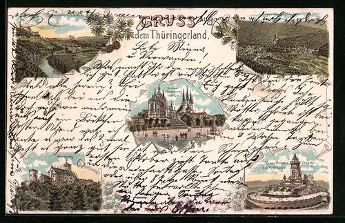 Lithographie Erfurt, Dom & St. Severikirche, Wartburg, Kyffhäuser