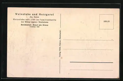 AK Bernkastel / Mosel, Weinstube-Metzgerei von Jos. Dahm, Innenansicht, Weinvater Noah's Testament