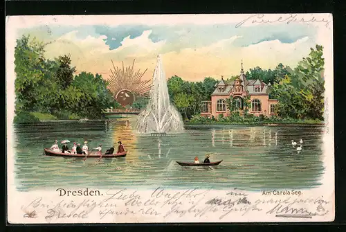 Lithographie Dresden, Ruderpartie auf dem Carola-See