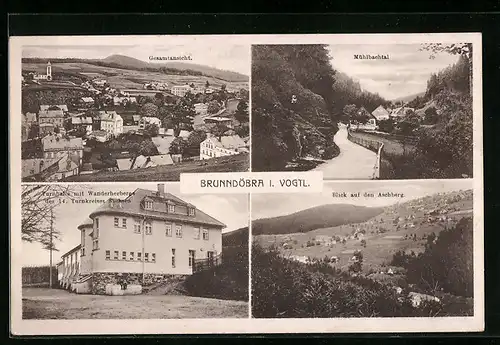 AK Brunndöbra i. V., Turnhalle mit Wanderherberge, Gesamtansichten, Mühlbachtal