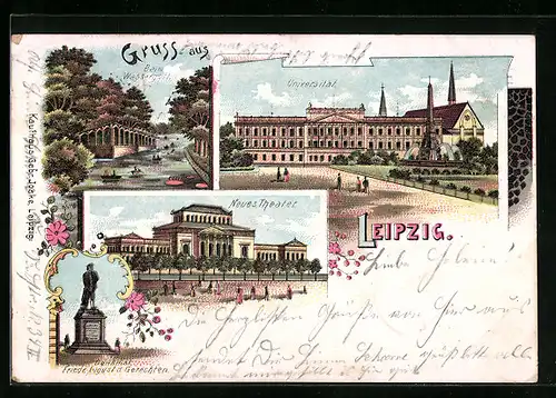 Lithographie Leipzig, Universität, Neues Theater, Denkmal Friedr. August d. Gerechten