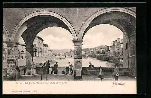 AK Firenze, Arcade del Ponte Vecchio con vista dell'Arno