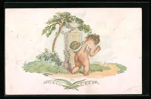 Künstler-AK M. Fischerova-Kvechova (MFK): In Erwartung, Englein mit Blumen am Denkmal