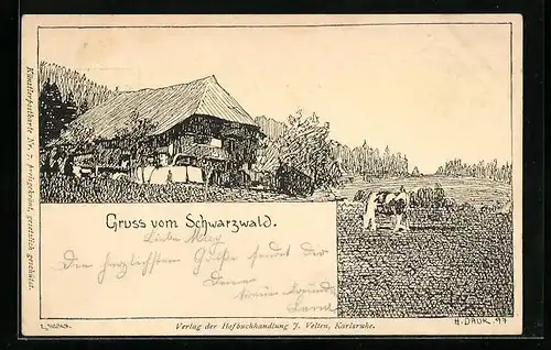 Künstler-AK Hermann Daur: Gruss vom Schwarzwald, Ortspartie mit weidender Kuh