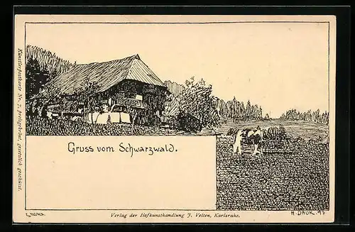Künstler-AK Hermann Daur: Gruss vom Schwarzwald, Ortspartie mit weidender Kuh