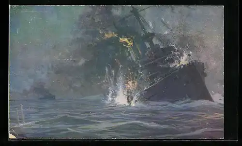 Künstler-AK Hans Rudolf Schulze: Deutsches U-Boot vesenkt das englische Linienschiff Formidable