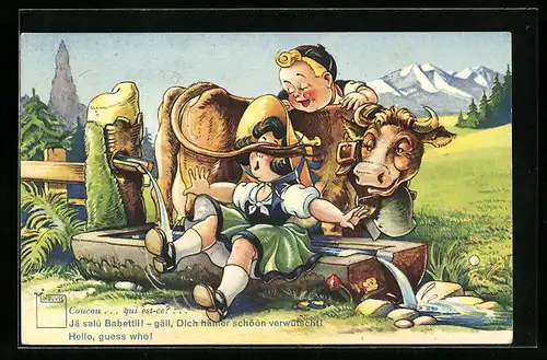 Künstler-AK Paul Minouvis: Pärchen mit einer Kuh an der Tränke