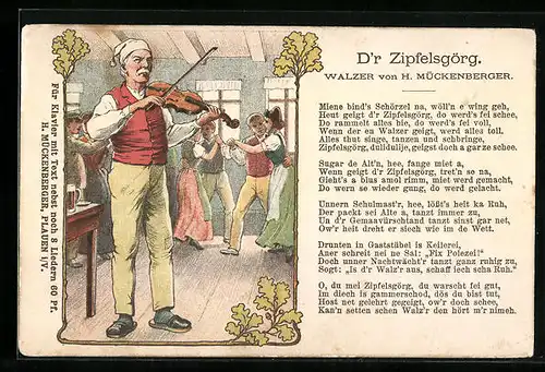 Lied-AK Hilmar Mückenberger: D`r Zipfelsgörg, Walzer von H. Mückenberger, Mann mit Geige