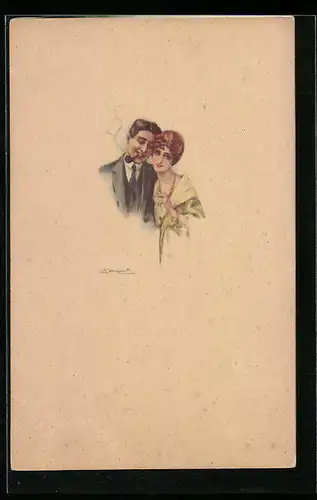 Künstler-AK Sergio Bompard: Herr mit Tabakspfeife und Frau