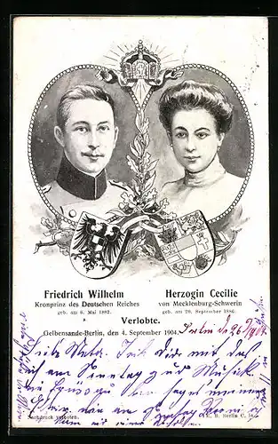 AK Friedrich Wilhelm Kronprinz des deutschen Reiches und seine Verlobte Herzogin Cecilie von Mecklenburg Schwerin