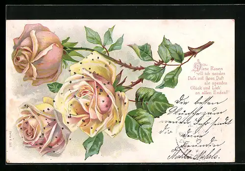 Glitzer-AK Rosafarbene und gelbe Rosen