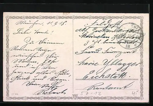 AK Rosafarbene und weiess Rose mit Blättern