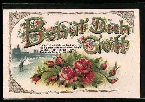 Präge-AK Behüt Dich Gott, Uferpartie mit Mann, Rosen
