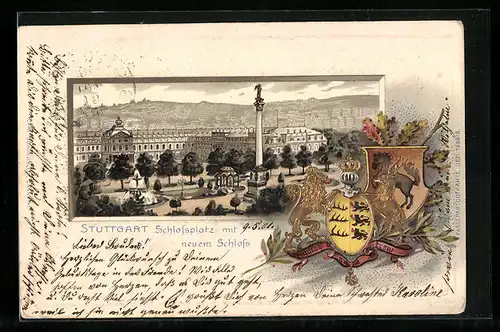 Präge-Lithographie Stuttgart, Schlosssplatz mit neuem Schloss, Wappen