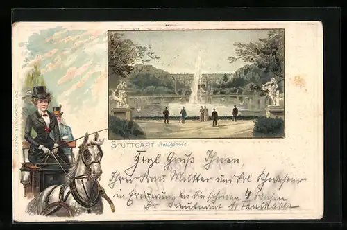 Präge-Lithographie Stuttgart, Anlagensee, Kutscherin mit weissem Pferd
