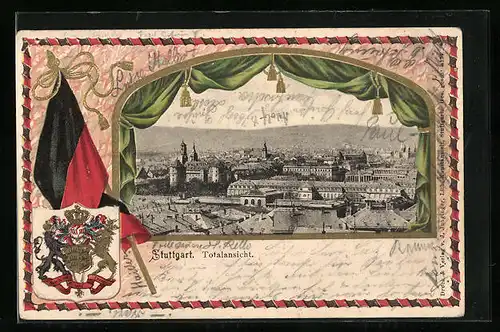 Präge-AK Stuttgart, Totalansicht, Flagge und Wappen