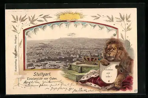 Präge-AK Stuttgart, Totalansicht von Osten, Löwe und Krone