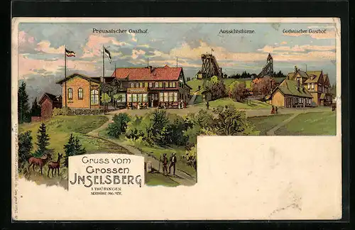 Lithographie Grosser Inselsberg i. Thüringen, Preussischer Gasthof und Gothaischer Gasthof mit Aussichtstürmen
