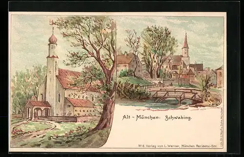 Lithographie München-Schwabing, Kirche, Ortspartie mit Brücke