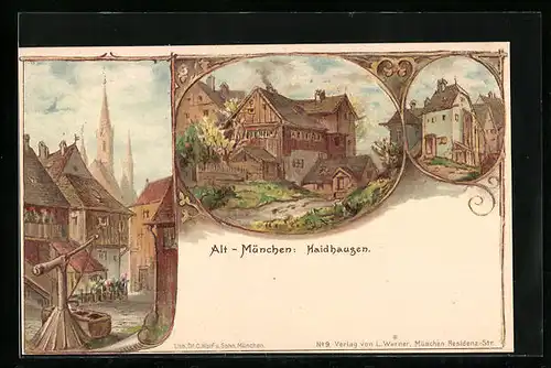 Lithographie München-Haidhausen, Ortspartien, Brunnen