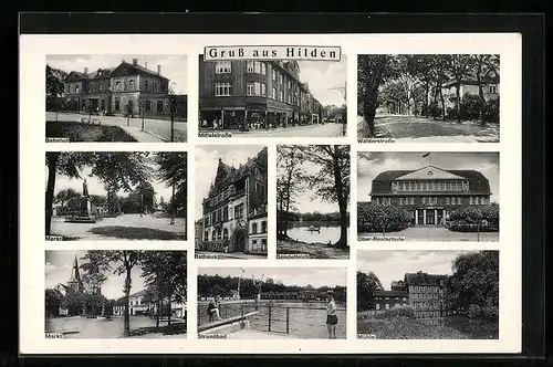 AK Hilden, Mittelstrasse mit Geschäften, Bahnhof, Strandbad