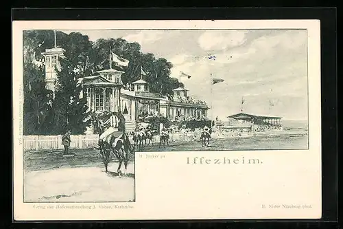 AK Iffezheim, Ortspartie mit Jockeys auf Pferden, Pferdesport